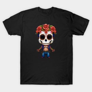 Sugar Skull Art - Chibi Boy with Red Roses in Hair and Flower Petal Fingers T-Shirt